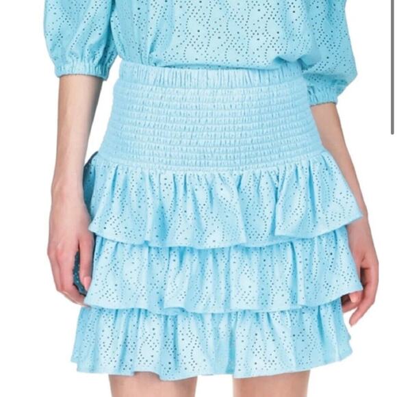 Michael Kors Tiered Ruffle Eyelet Skirt Smocked Waist Blue Medium NWT - Picture 1 of 13